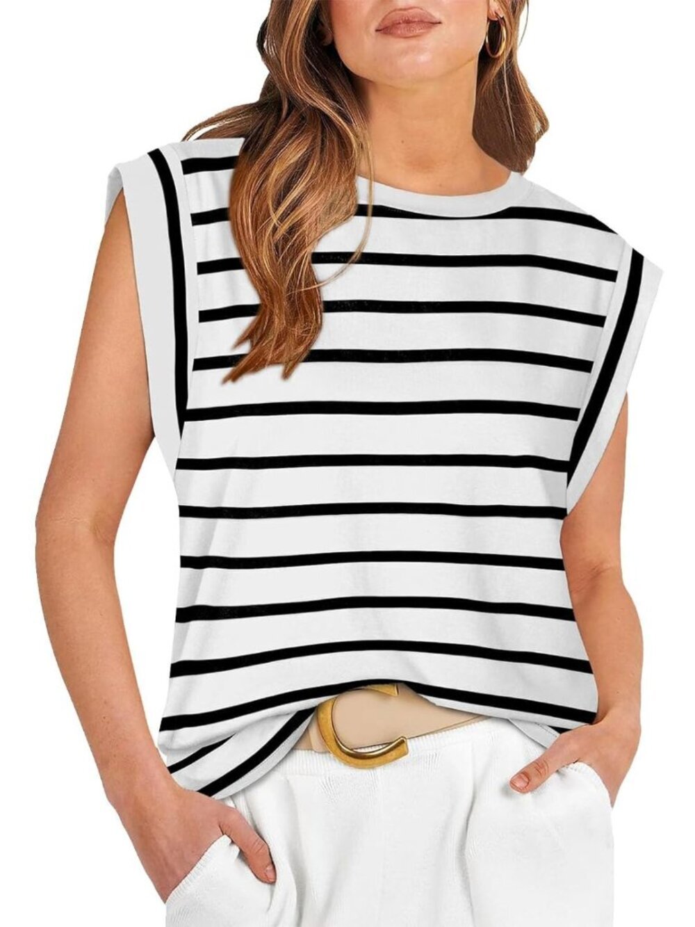 Women's White Pull On Cap Sleeve Tank Tops Sleeve Striped Business Basic Shirts